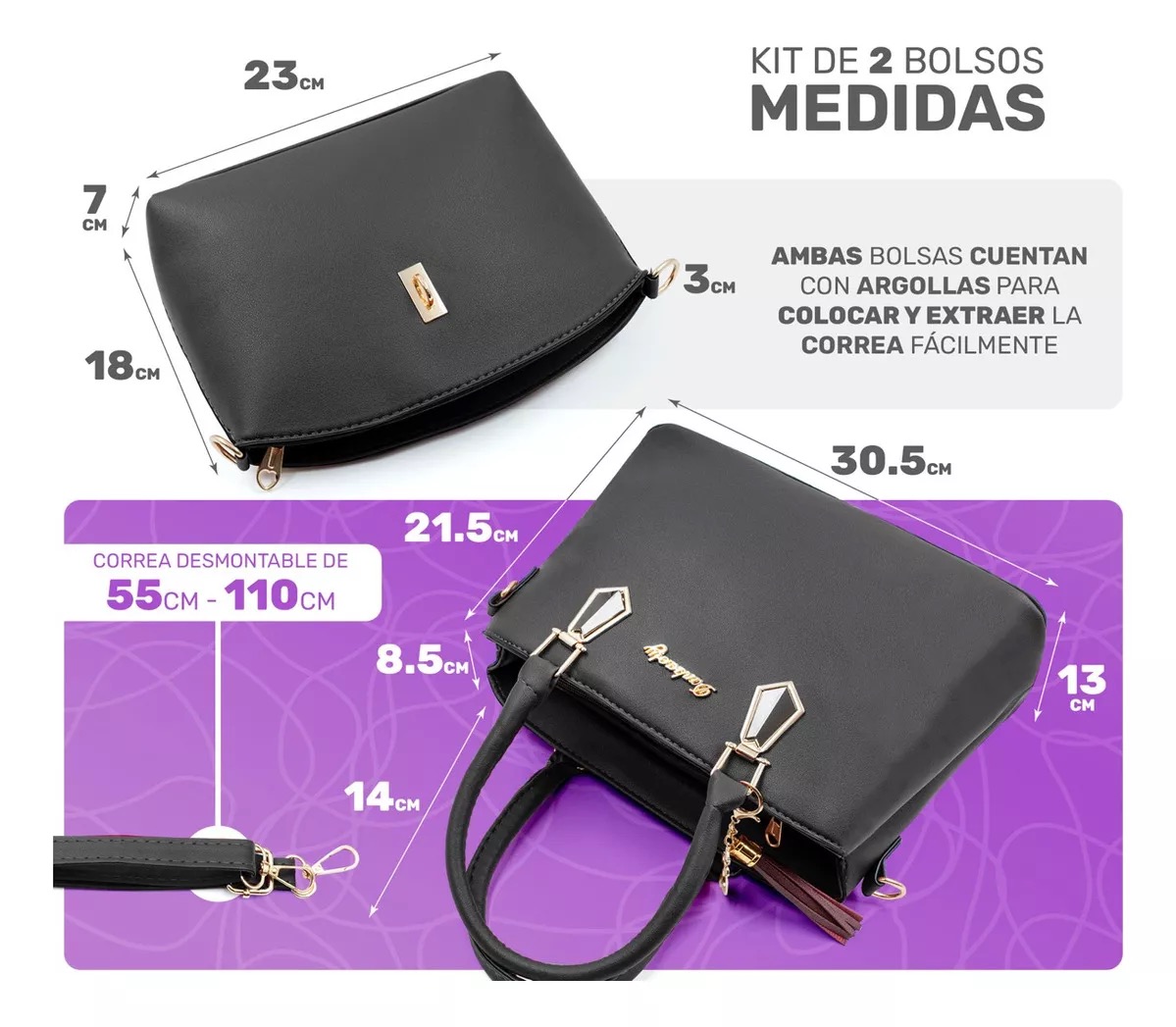Bolso De Mano Para Mujer Bandolera Moda De Lujo Bolsa Tote Color Negro