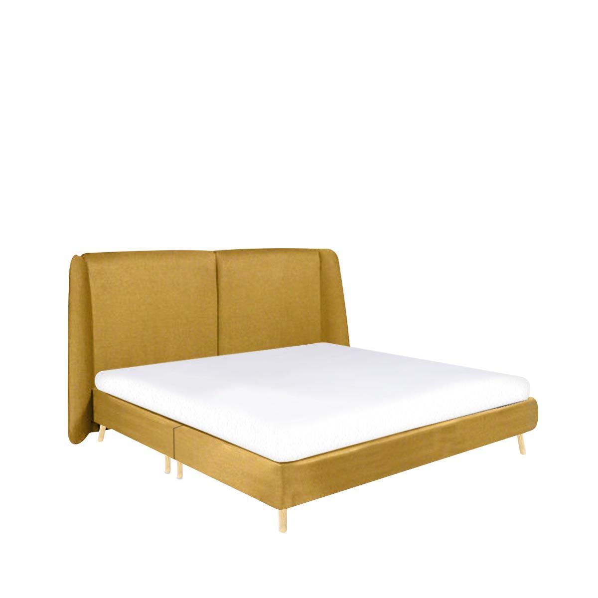 Cama King Size  Color Mostaza. Cabecera con Base Rellena de Hule Espuma. Estructura de Madera Maciza