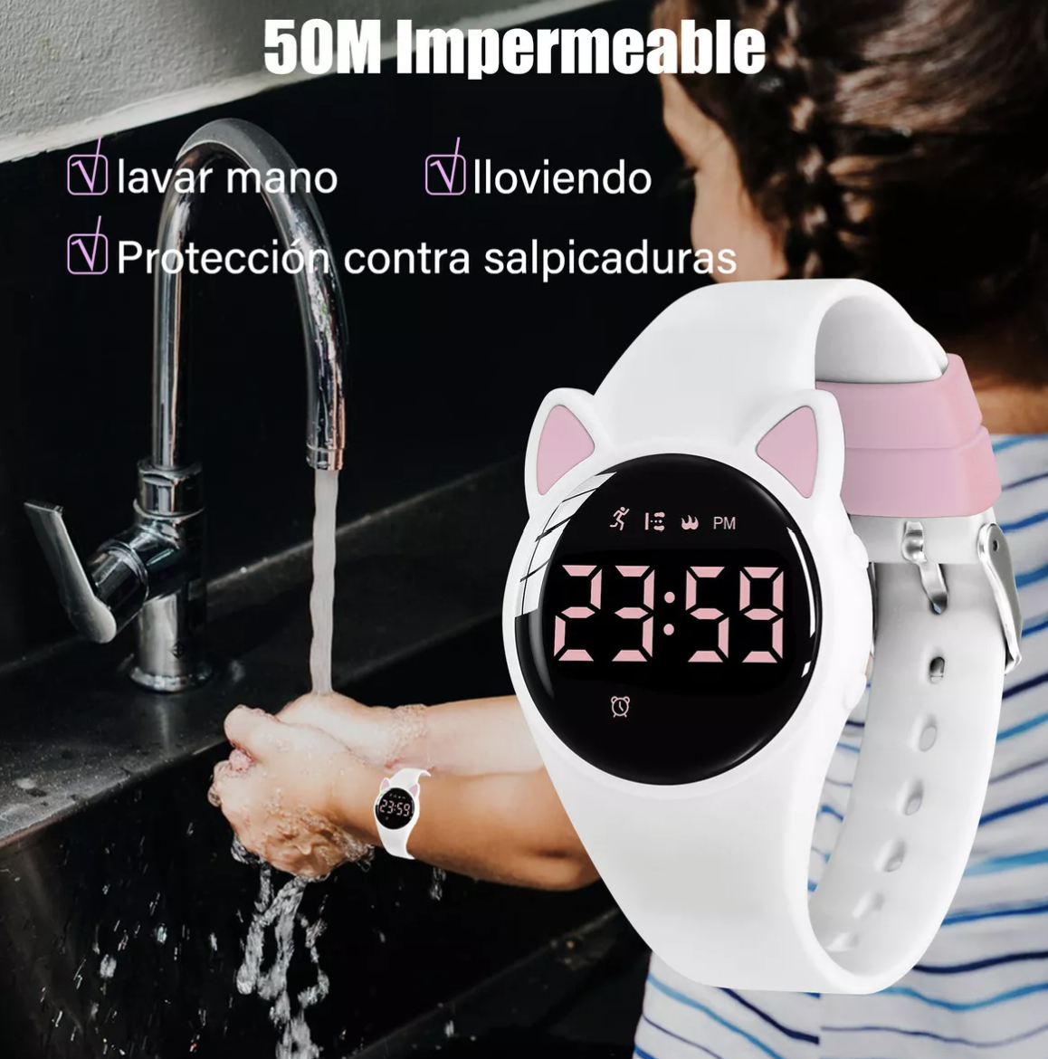 Reloj  Digital Recargable Deportivo Multifunción Impermeable Gatos Y Pulseras Para Niña Y Niño,correa Blanco T