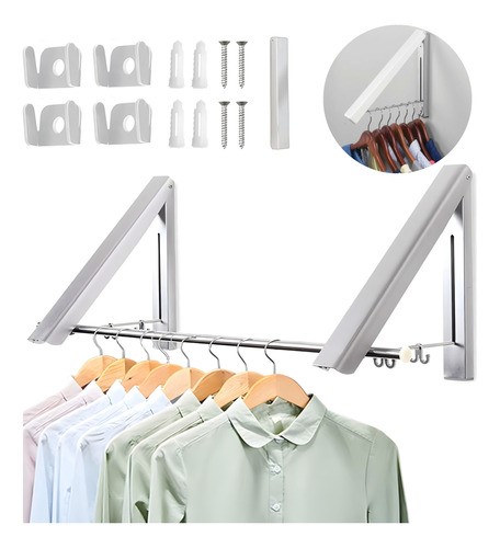 Ganchos Para Ropa Plegable En Pared Y 80cm Metal Barra BLANCO