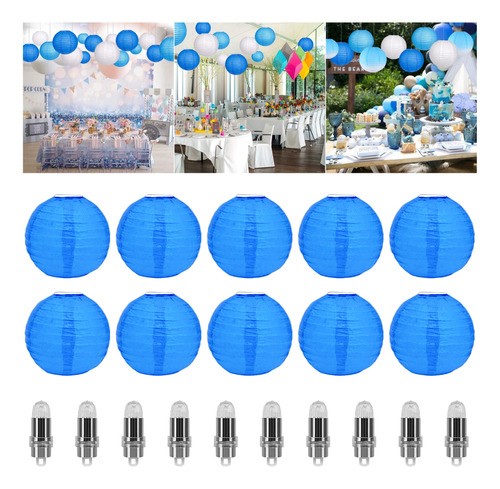 10pzs Lamparas Chinas De Papel Y 10 Focos Led, Chinos Fiesta AZUL