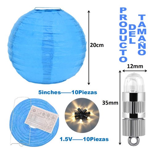 10pzs Lamparas Chinas De Papel Y 10 Focos Led, Chinos Fiesta AZUL