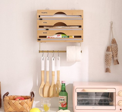Caja De Almacenamiento De Film Plástico De Madera Con Cutter MADERA CAFE CLARO