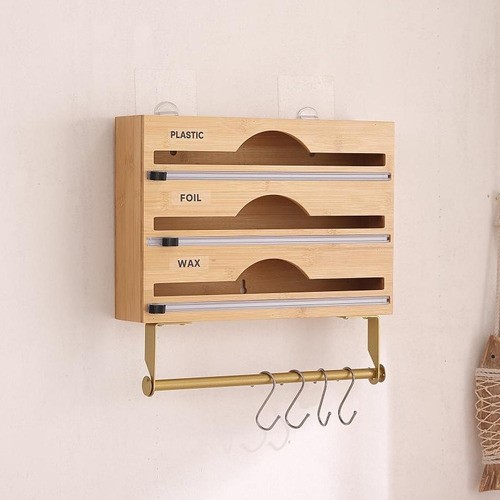 Caja De Almacenamiento De Film Plástico De Madera Con Cutter MADERA CAFE CLARO