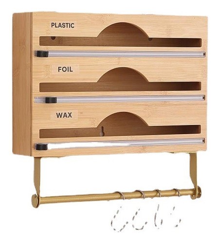 Caja De Almacenamiento De Film Plástico De Madera Con Cutter MADERA CAFE CLARO