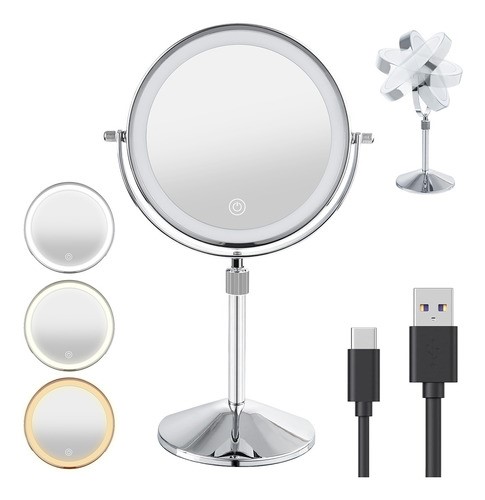 Espejo De Maquillaje Led Retráctil Aumento Doble Cara Usb BLANCO