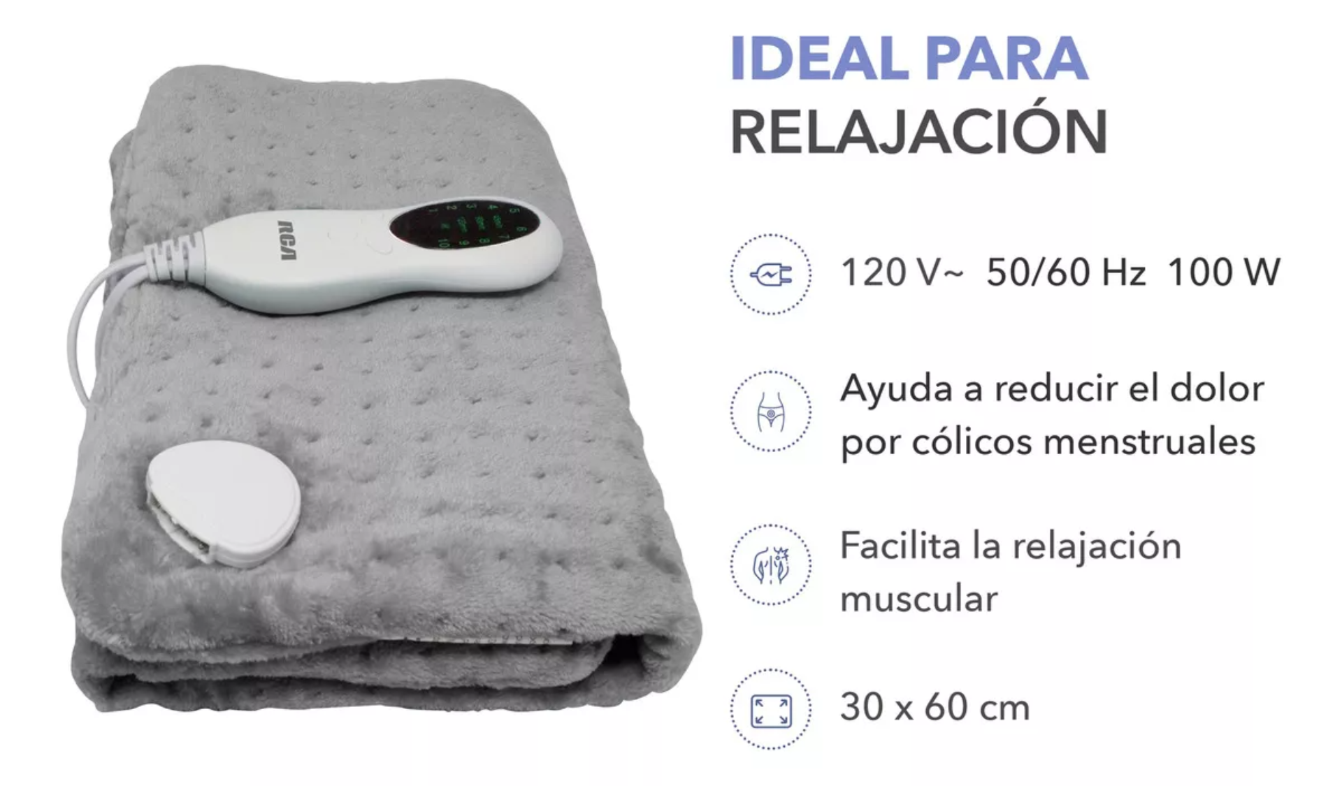 Rca Almohadilla Eléctrica Con Ajuste De Tiempo Y Temperatura Color Gris