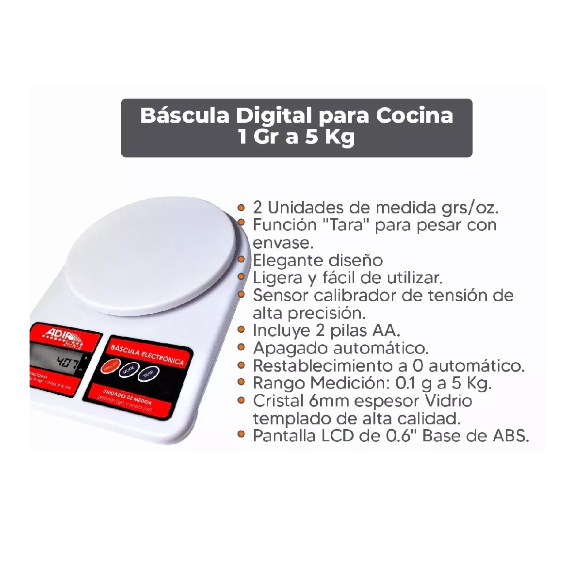 Báscula Digital Para Cocina 1 Grs A 5 Kg