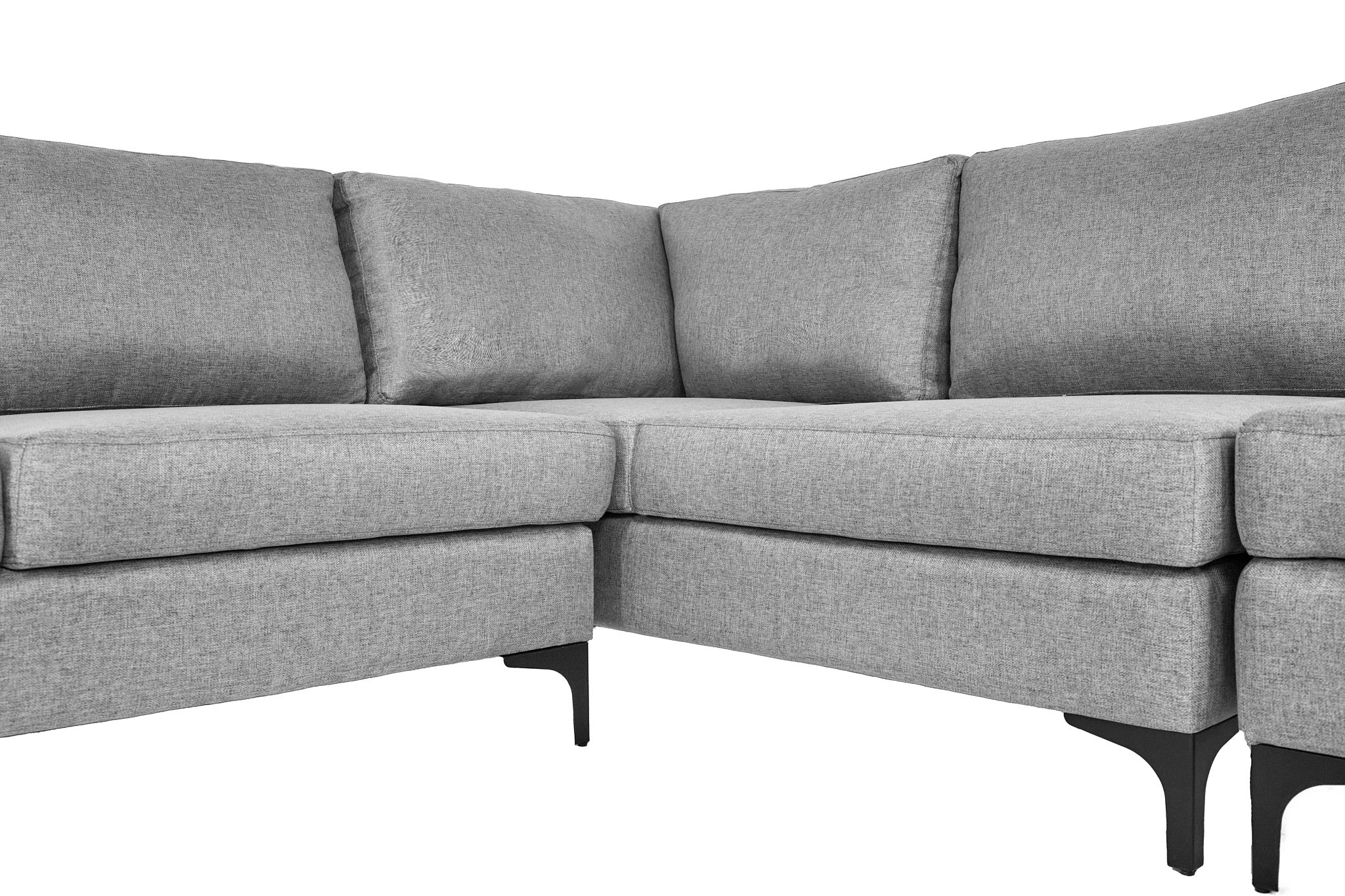 Sofá Escuadra Derecha con Tapizado Color Gris Claro. Estructura de Madera Sólida y Patas de Acero 