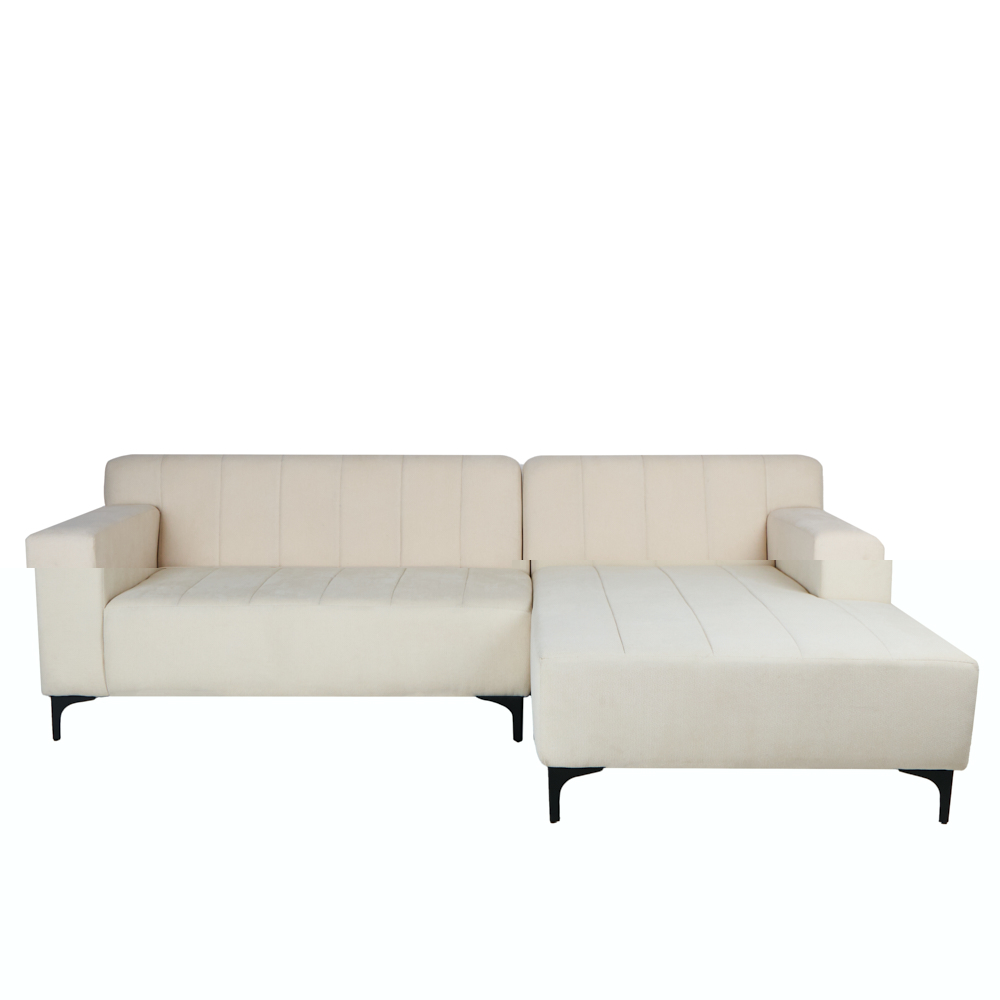 Sofá Esquinero Derecho Tapizado en Tela Beige Resistente a Uso Rudo. Estructura de Madera Sólida