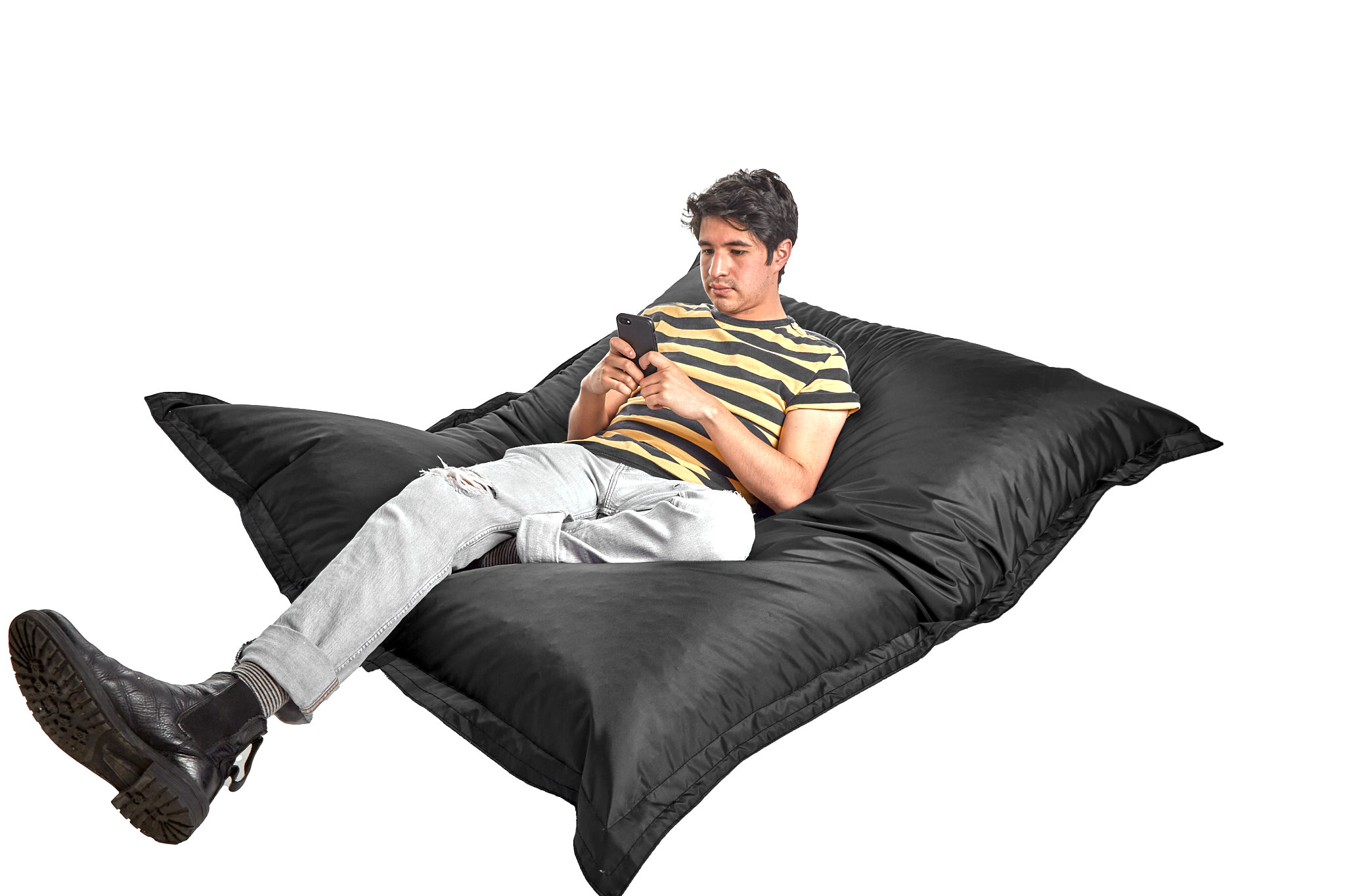 Puff para Interior y Exterior. Funda de Tela Poliéster Negro Impermeable y Relleno de Microperlas de Poliestireno