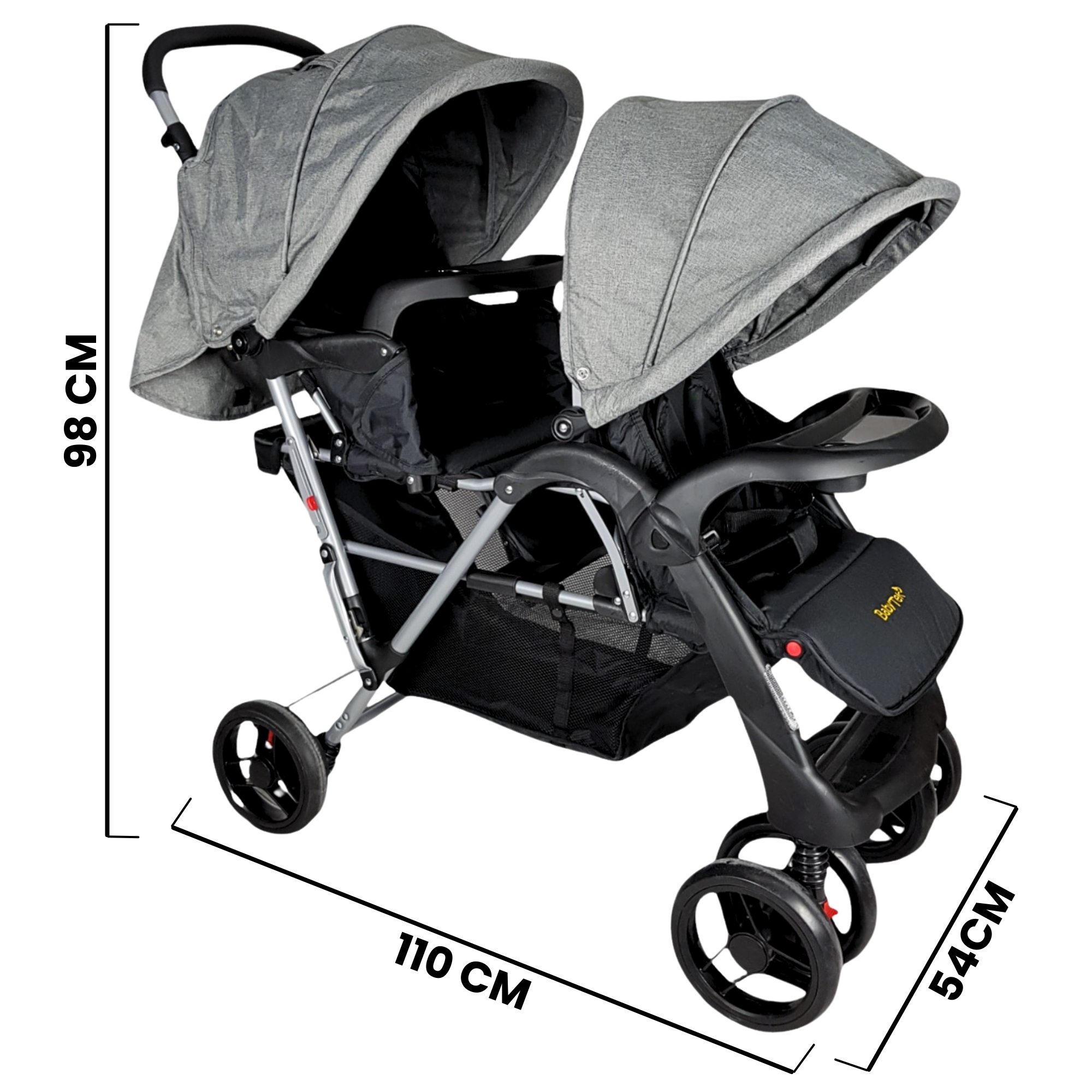Carriola Gemelar para Bebe, Ruedas con Freno, Plegable, Reclinable-GRIS