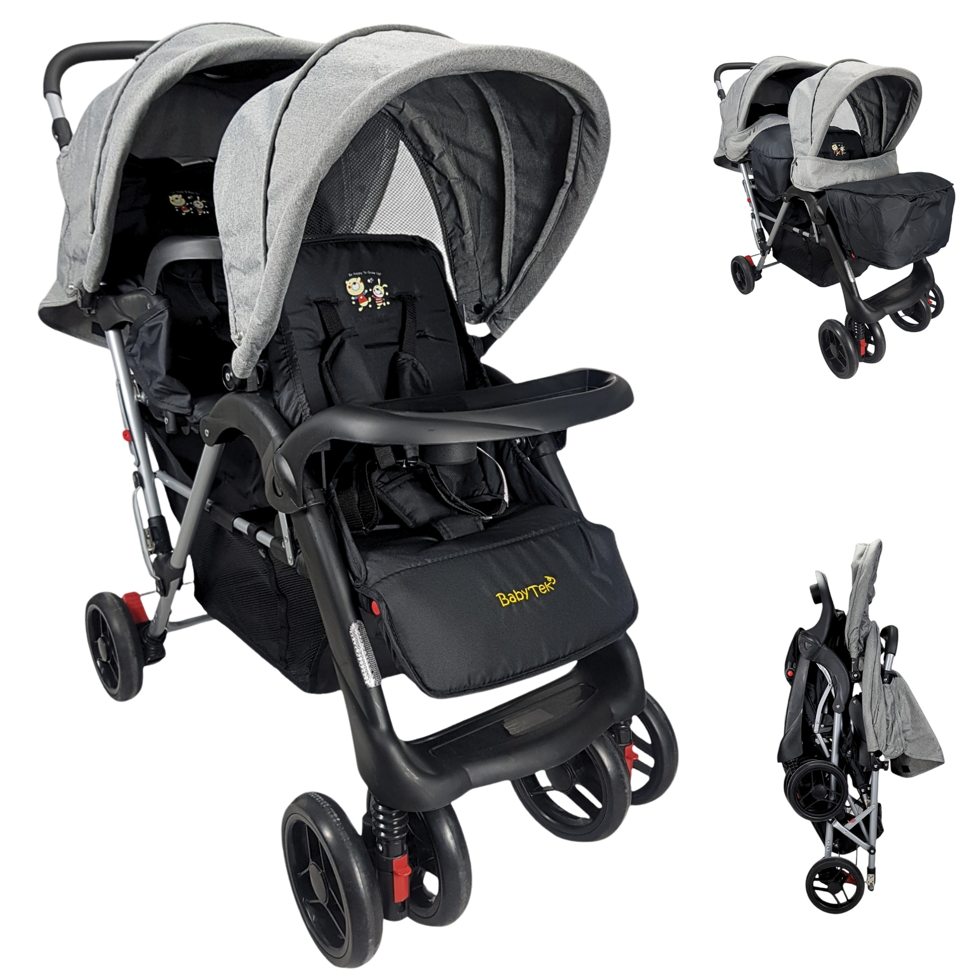 Carriola Gemelar para Bebe, Ruedas con Freno, Plegable, Reclinable-GRIS