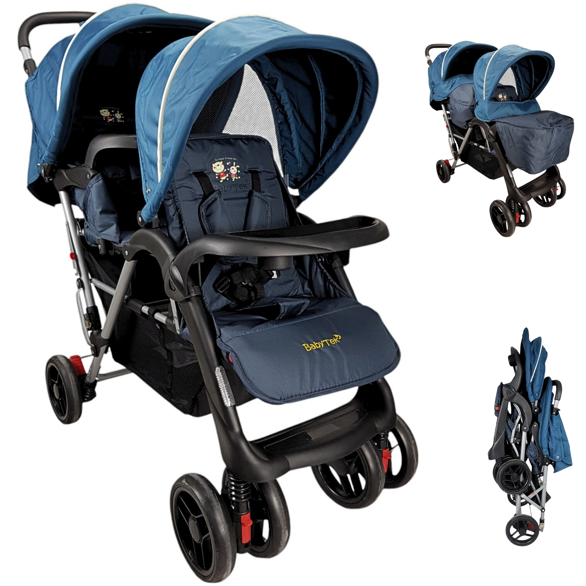 Carriola Gemelar para Bebe, Ruedas con Freno, Plegable, Reclinable-AZUL