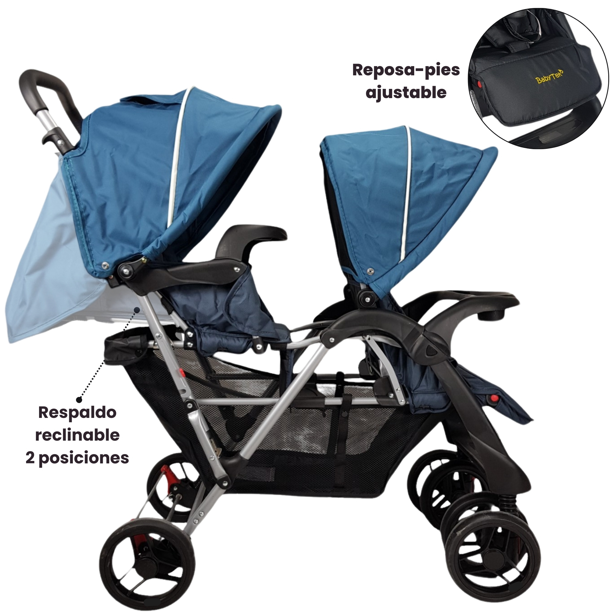 Carriola Gemelar para Bebe, Ruedas con Freno, Plegable, Reclinable-AZUL