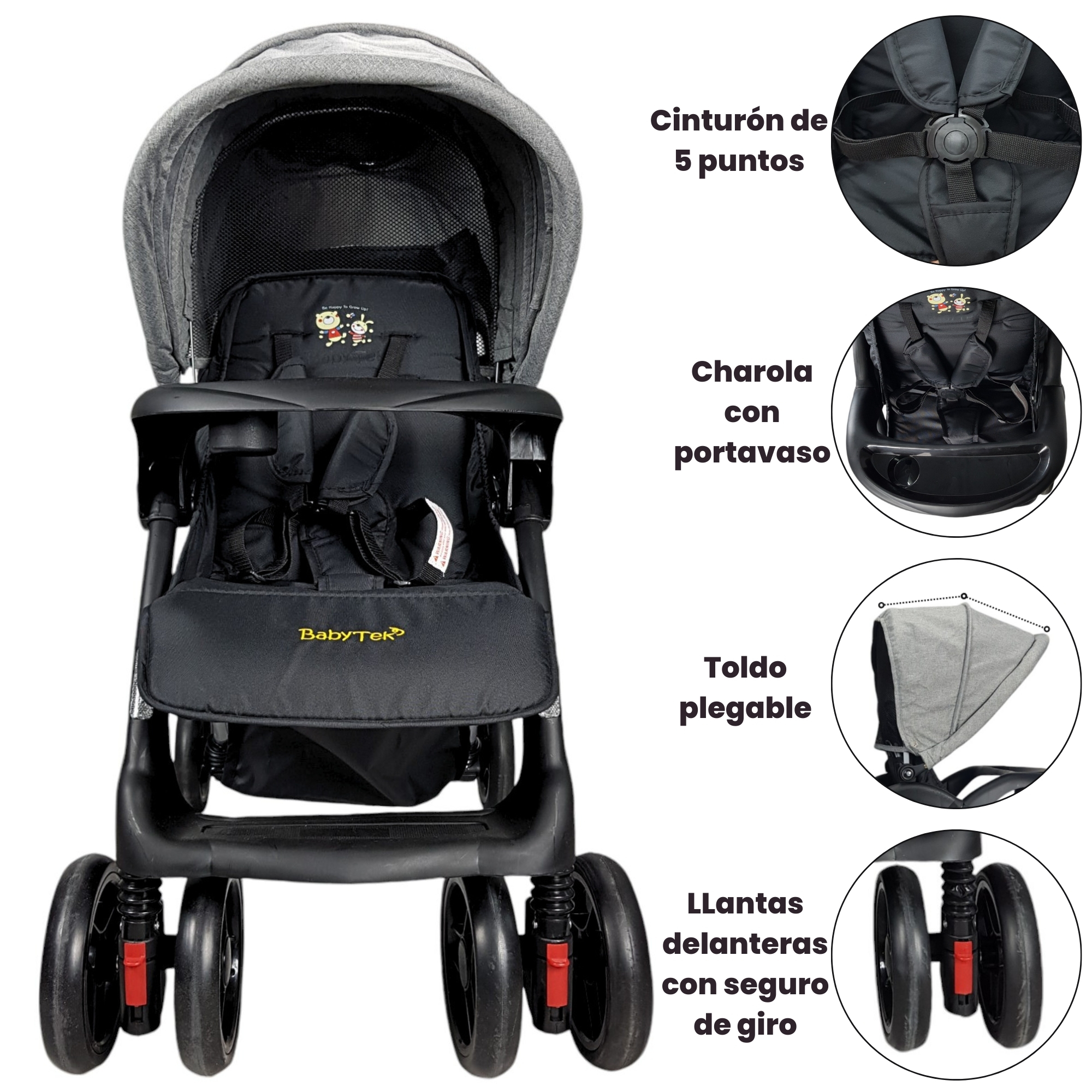 Carriola Gemelar para Bebe, Ruedas con Freno, Plegable, Reclinable-GRIS