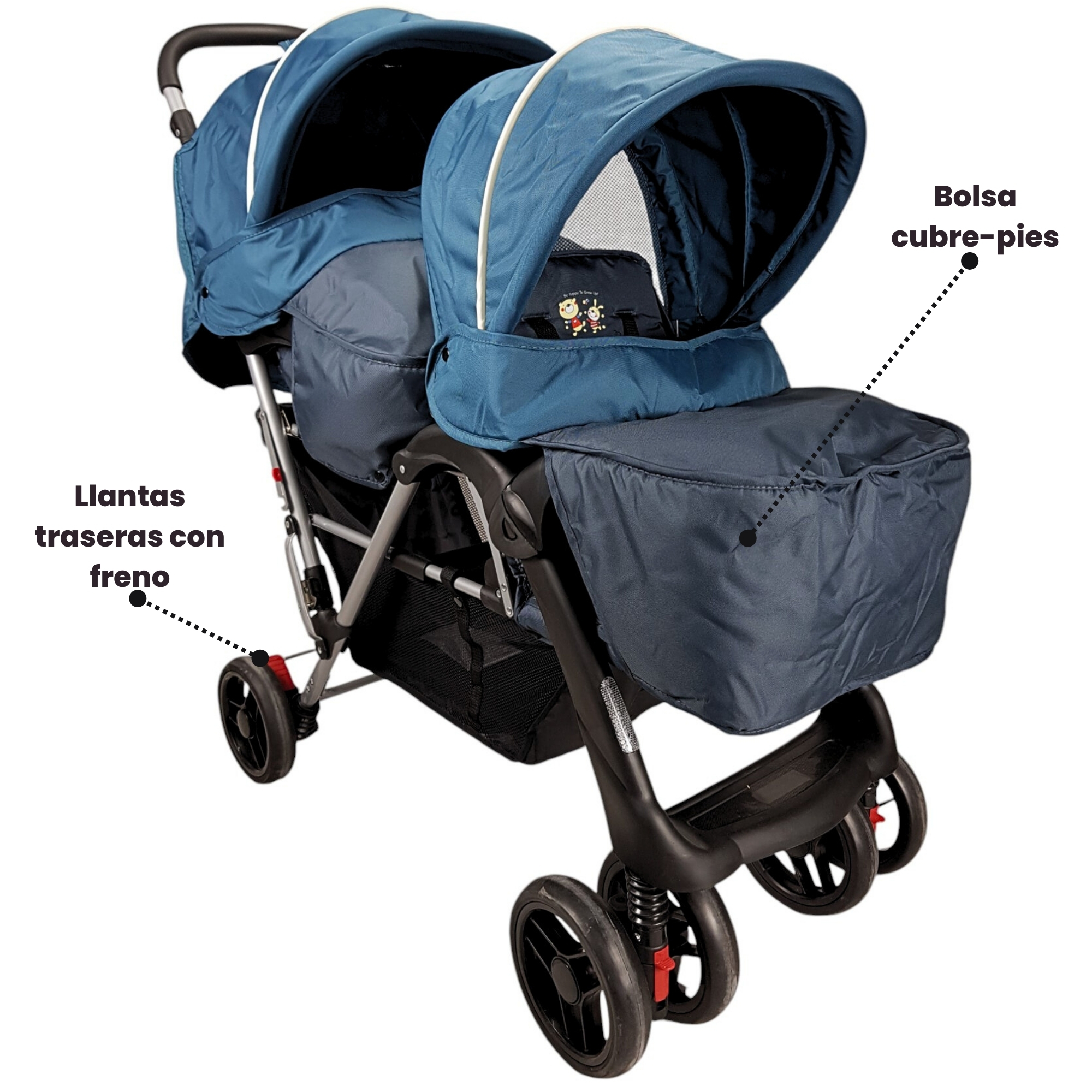 Carriola Gemelar para Bebe, Ruedas con Freno, Plegable, Reclinable-AZUL