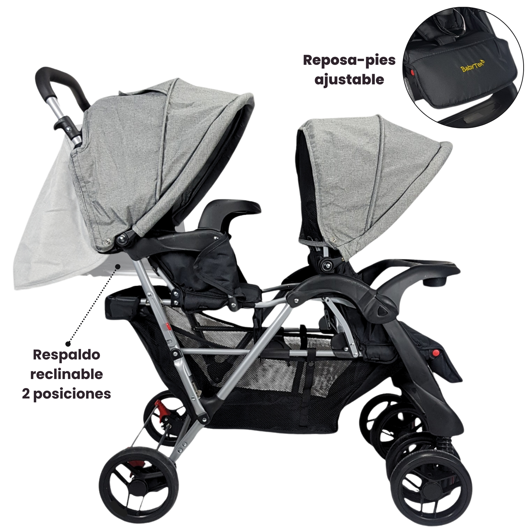 Carriola Gemelar para Bebe, Ruedas con Freno, Plegable, Reclinable-GRIS
