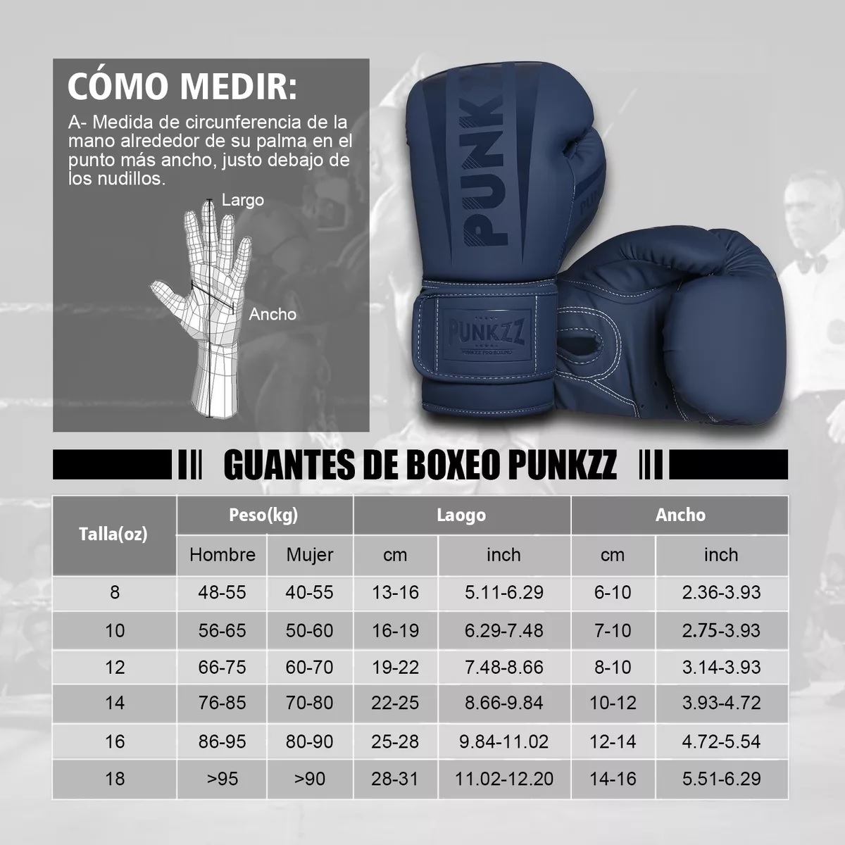 Guantes De Box Punkzz Para Kickboxing,strap Velcro Azul Oscuro 16oz
