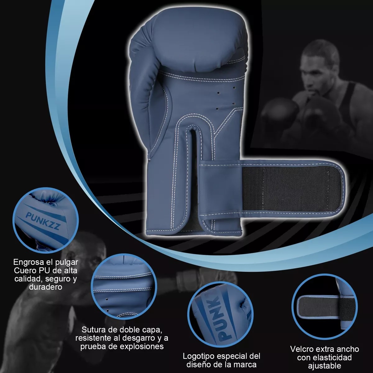 Guantes De Box Punkzz Para Kickboxing,strap Velcro Azul Oscuro 16oz