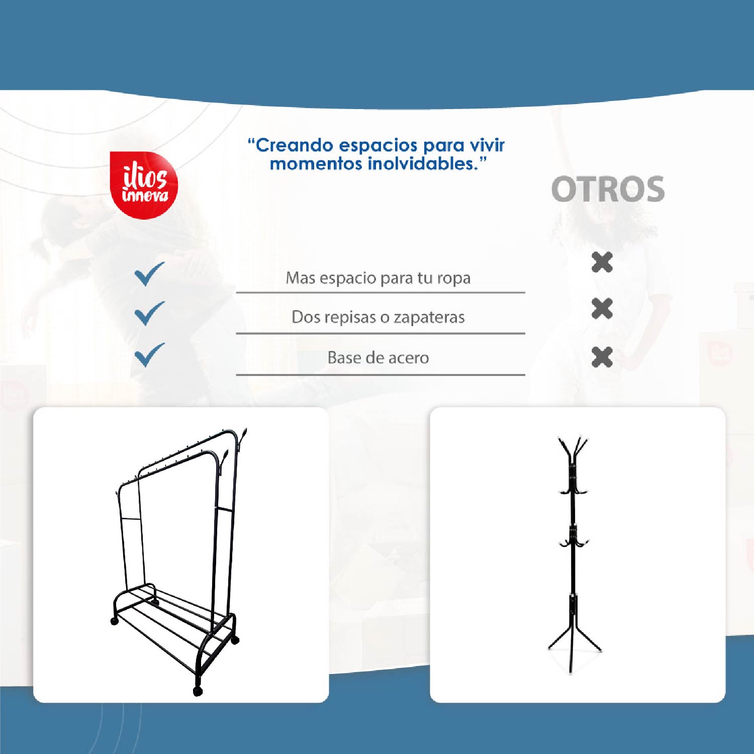 Ilios Innova | Perchero De Ropa Multifuncional Doble Para Dormitorio, Almacenamiento Triple con Estante y Zapatero