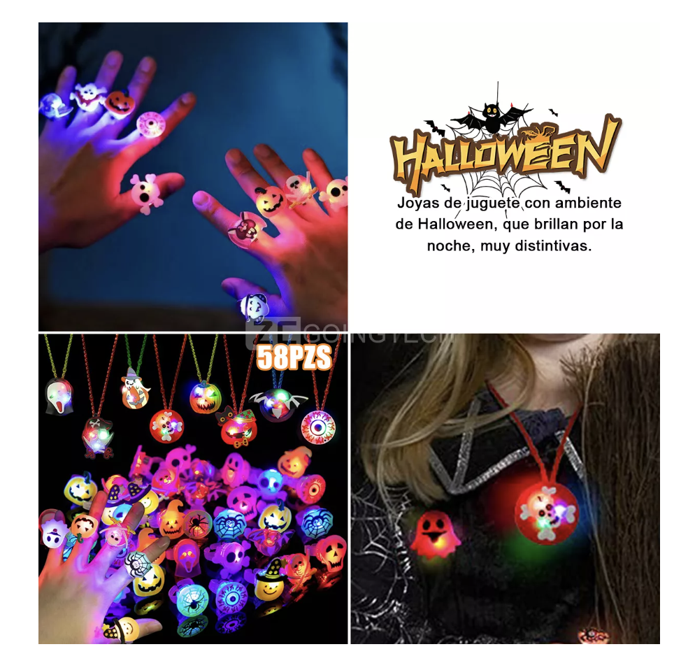 58pzs Decoración Halloween Anillo Y Collar De Flash Led T