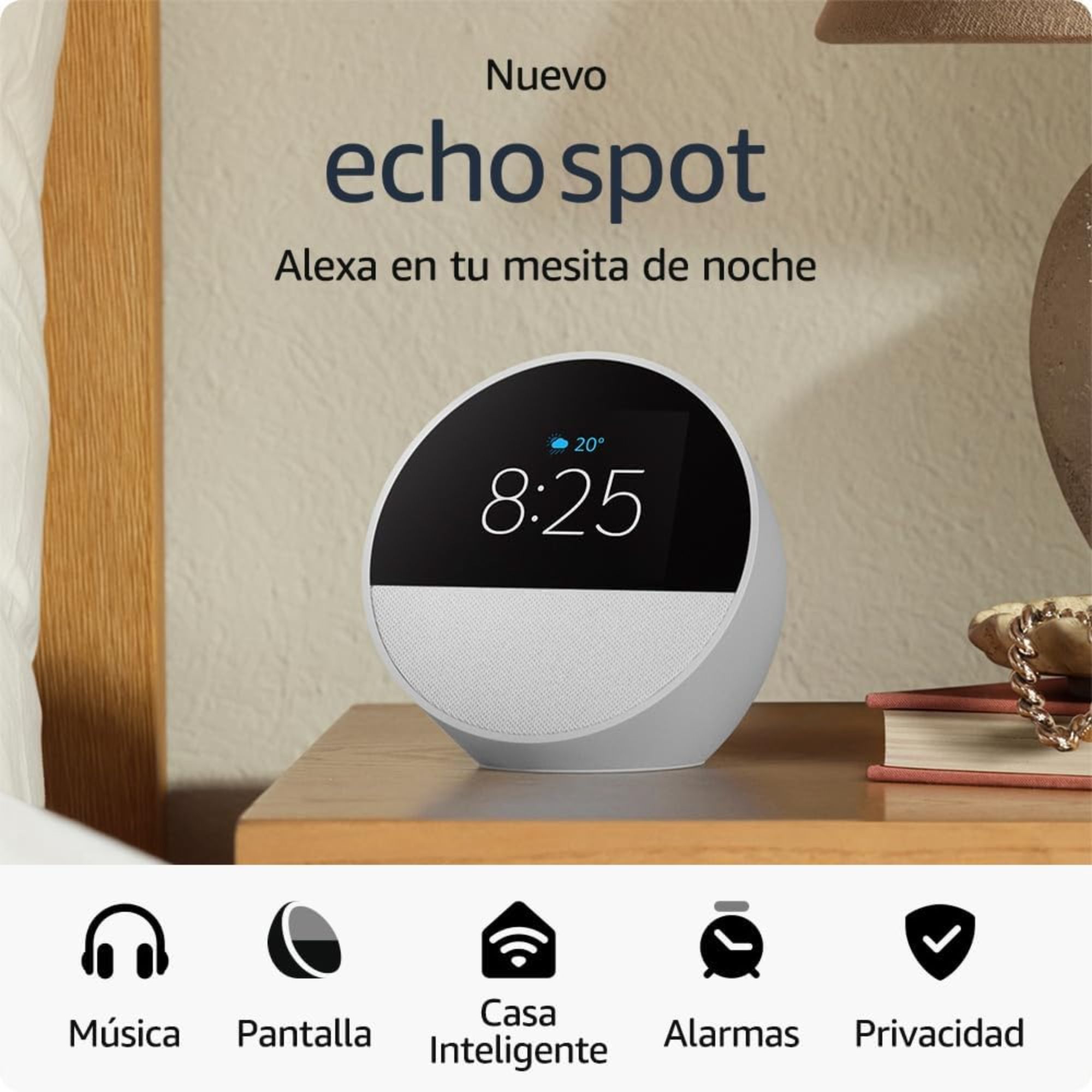 Amazon Echo Spot (modelo 2024) con asistente virtual Alexa, Blanco 