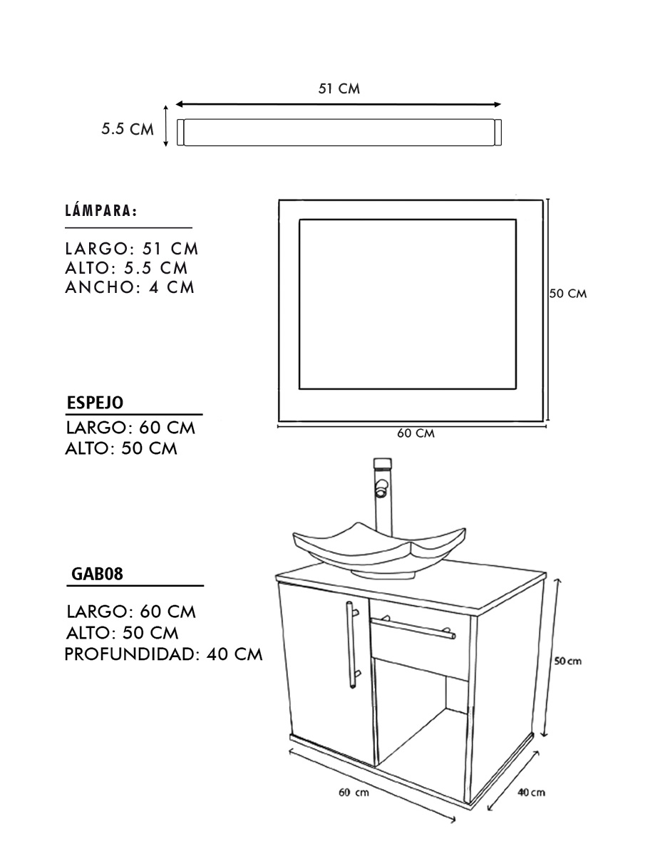 Gabinete Para Baño Con Lavabo AGATHA Con Lampara Y Espejo