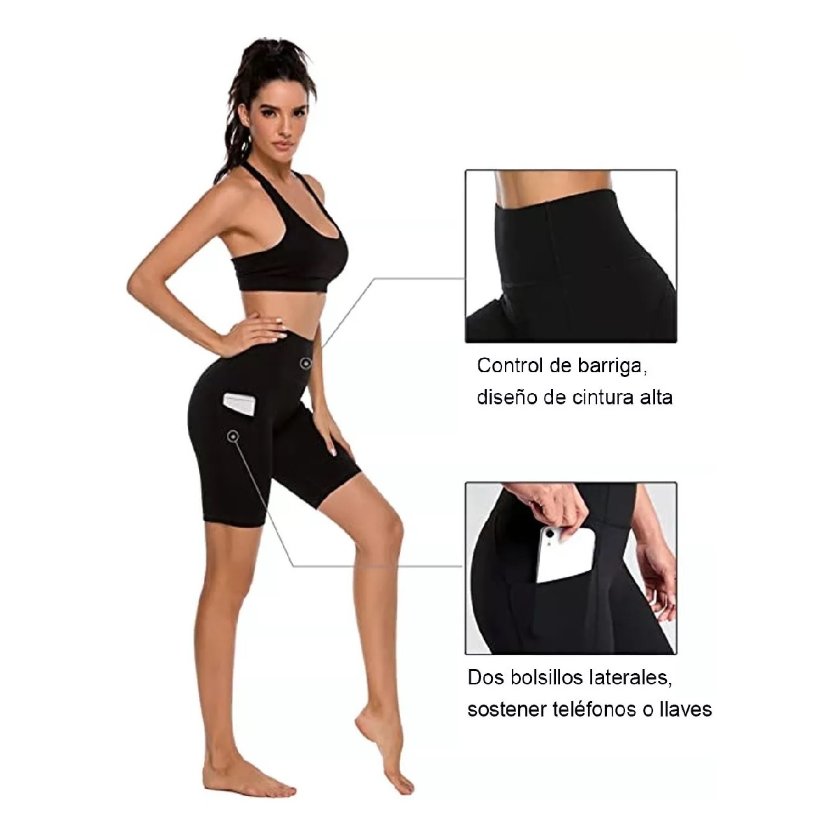 Short Licra Deportiva Gym Correr Super Calidad Bolsa Celular Negro Talla G
