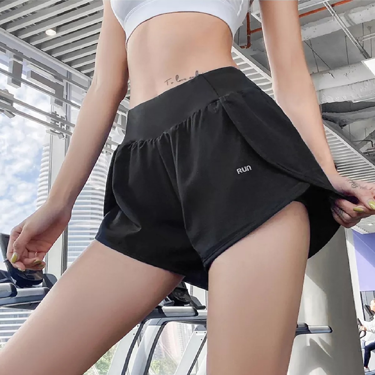 2 En 1 Gym Short Licra Deportiva De Doble Capa Con Bolsillo Negro Talla L