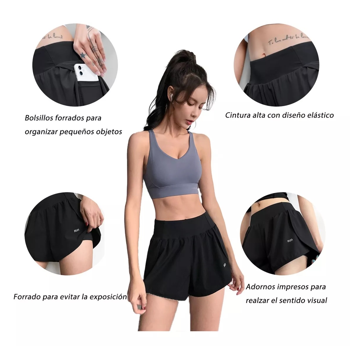 2 En 1 Gym Short Licra Deportiva De Doble Capa Con Bolsillo Negro Talla L