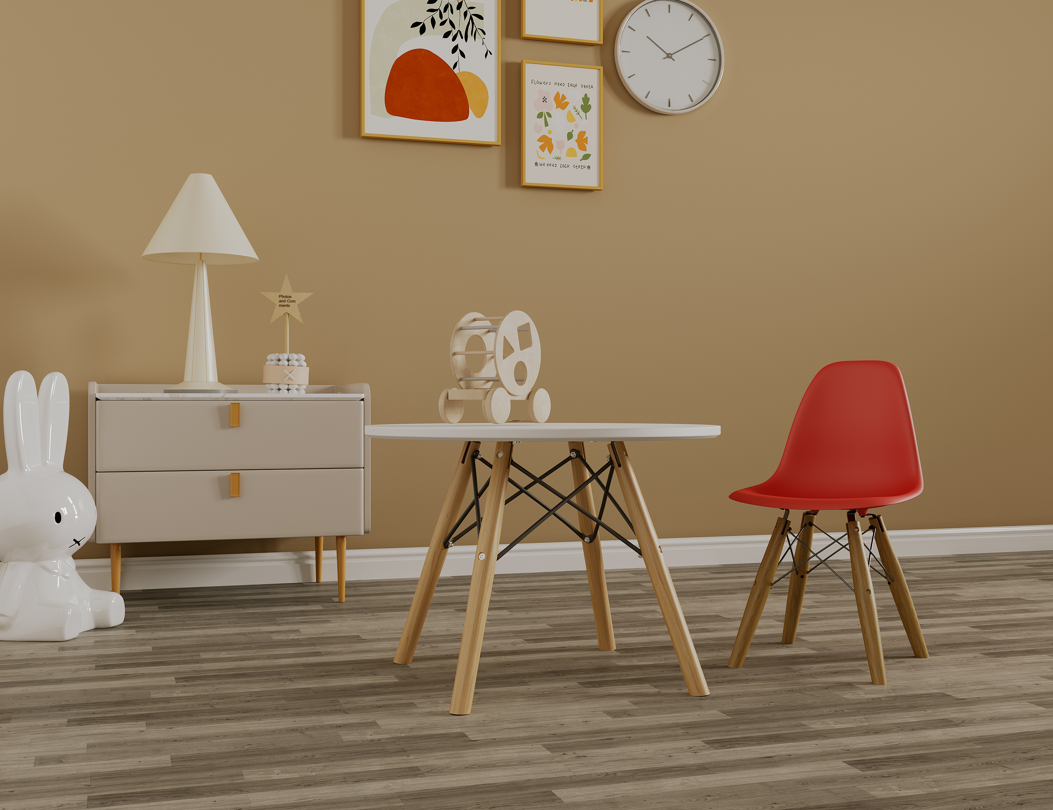 Mesa Infantil Blanca con Patas de Madera, Soporte Metálico y Tablero de Madera MDF 42cm (Alto)* 60cm (Diámetro)
