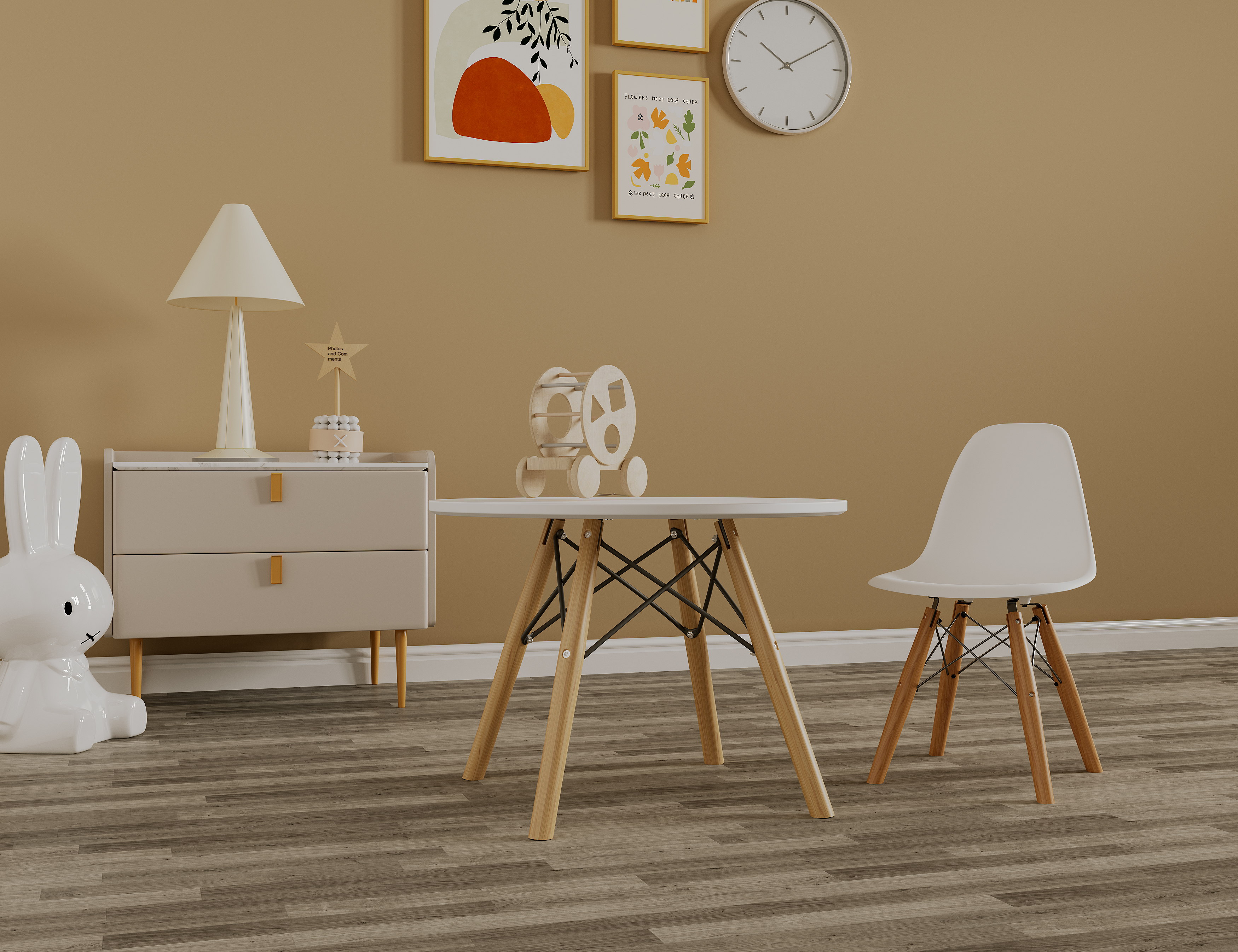 Mesa Infantil Blanca con Patas de Madera, Soporte Metálico y Tablero de Madera MDF 42cm (Alto)* 60cm (Diámetro)