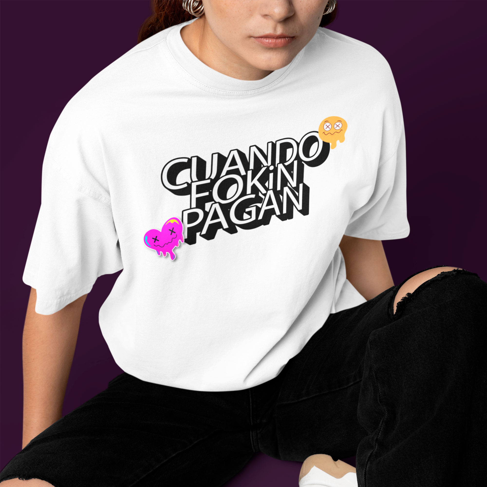 Playera Oversize de Manga Corta Unisex con Diseño de Fockin Pagan  Blanca Cómoda y de Alta Calidad
