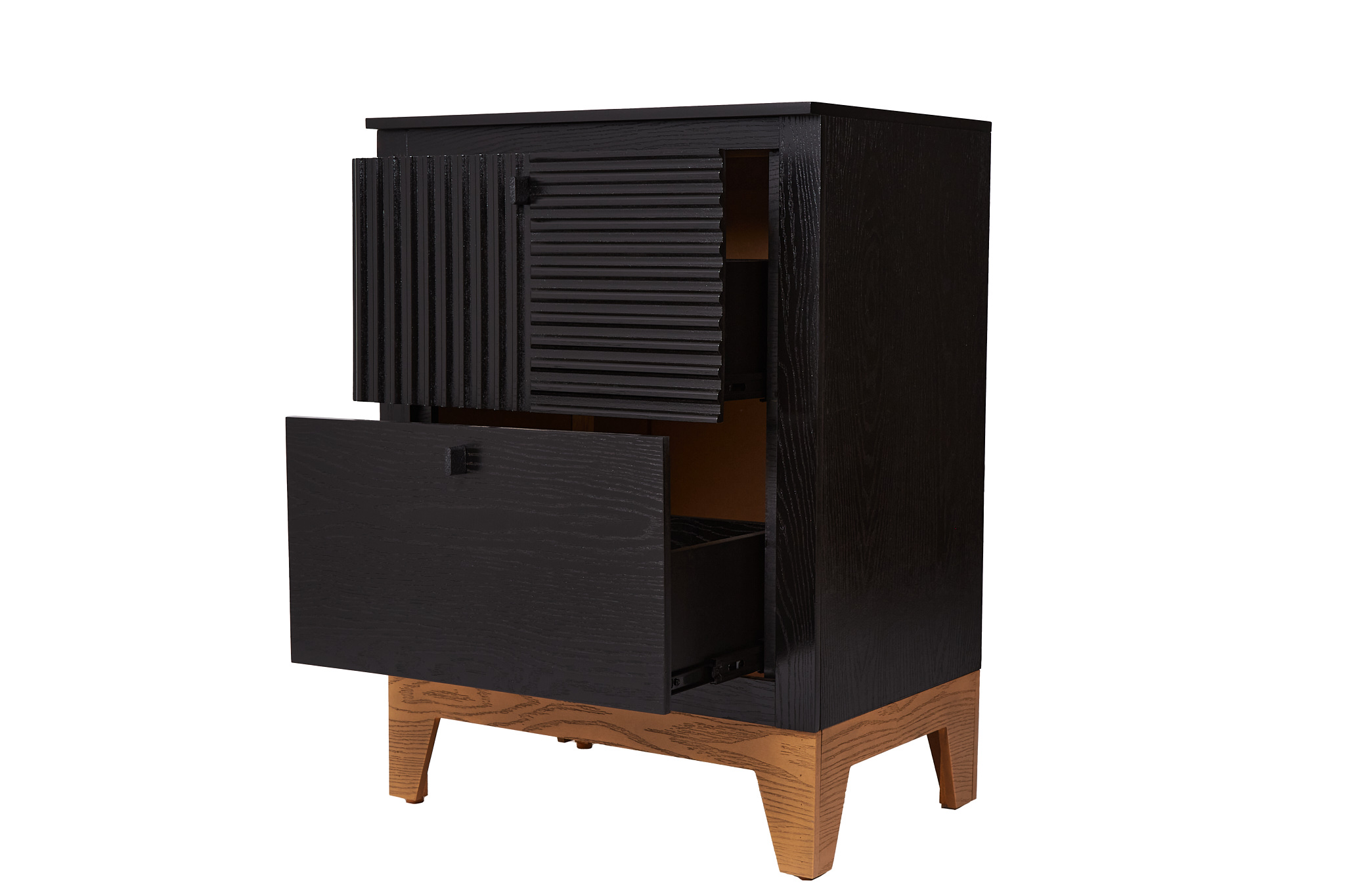 Buró Negro y Madera con 2 Cajones con Corredera de Extensión. Estructura de Madera MDF y Acabado con Brillo