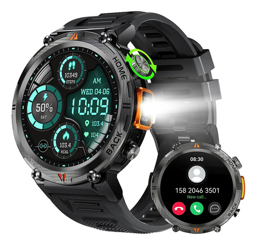 Smartwatch Ke3 Reloj Inteligente Con Linterna Integrada Estilo Militar Uso Rudo Y Deportivo Para Hombre Llamadas Notificaciones Deportes Sensor De Ritmo Cardiaco Muinaifte Negro