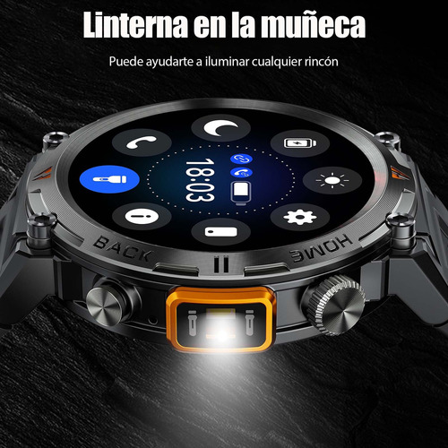 Smartwatch Ke3 Reloj Inteligente Con Linterna Integrada Estilo Militar Uso Rudo Y Deportivo Para Hombre Llamadas Notificaciones Deportes Sensor De Ritmo Cardiaco Muinaifte Negro