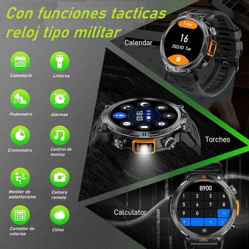 Smartwatch Ke3 Reloj Inteligente Con Linterna Integrada Estilo Militar Uso Rudo Y Deportivo Para Hombre Llamadas Notificaciones Deportes Sensor De Ritmo Cardiaco Muinaifte Negro