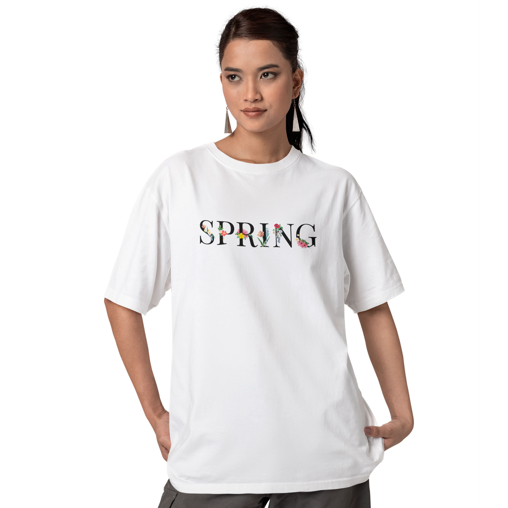 Playera Oversize de Manga Corta Unisex con Diseño de Spring Blanca Cómoda y de Alta Calidad