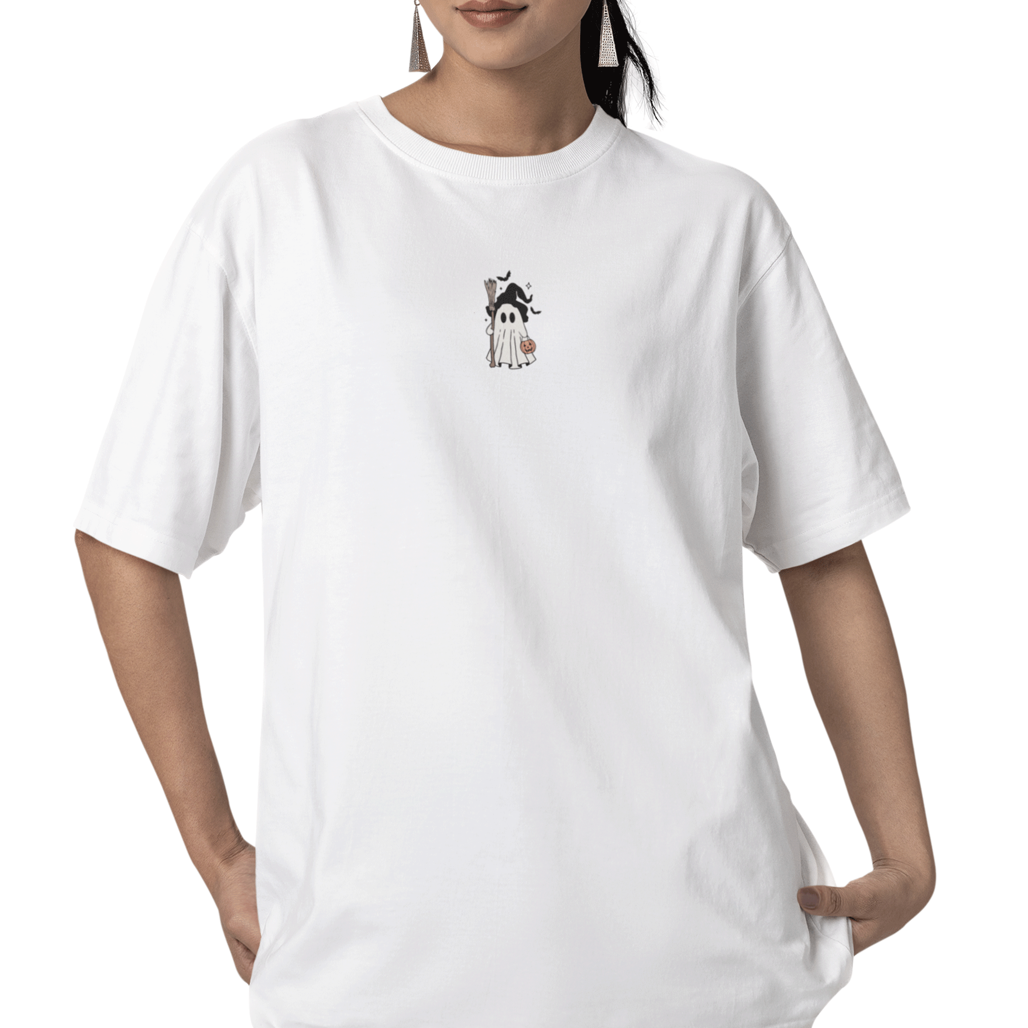 Playera Oversize de Manga Corta Unisex con Diseño de Fantasmita Blanca Cómoda y de Alta Calidad