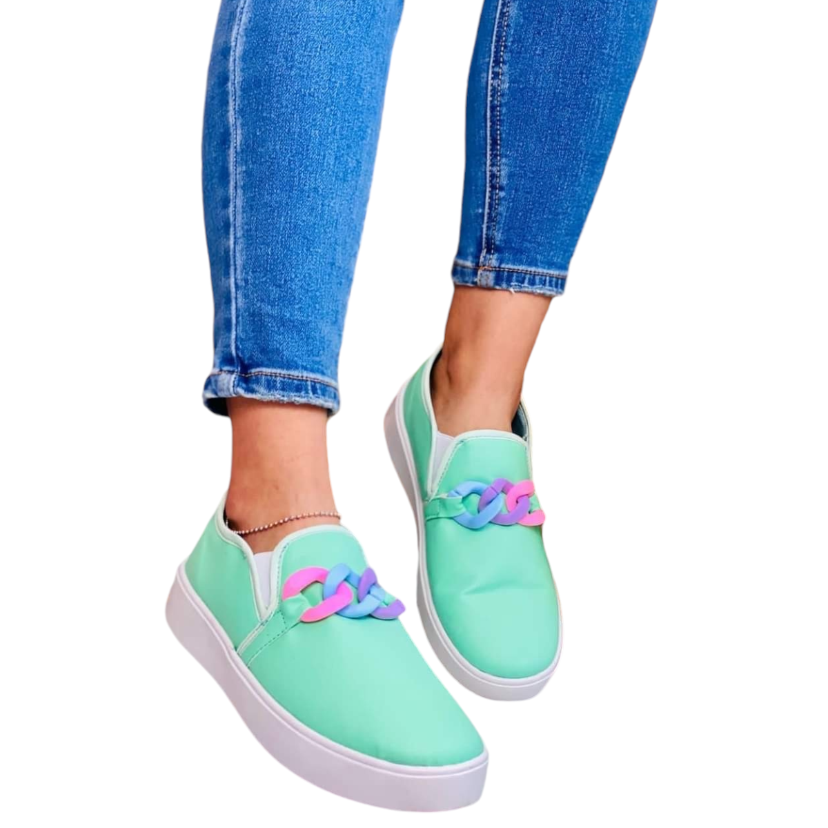 Tenis De Meter Casual Dama Verde Agua Con Detalle De Eslabon