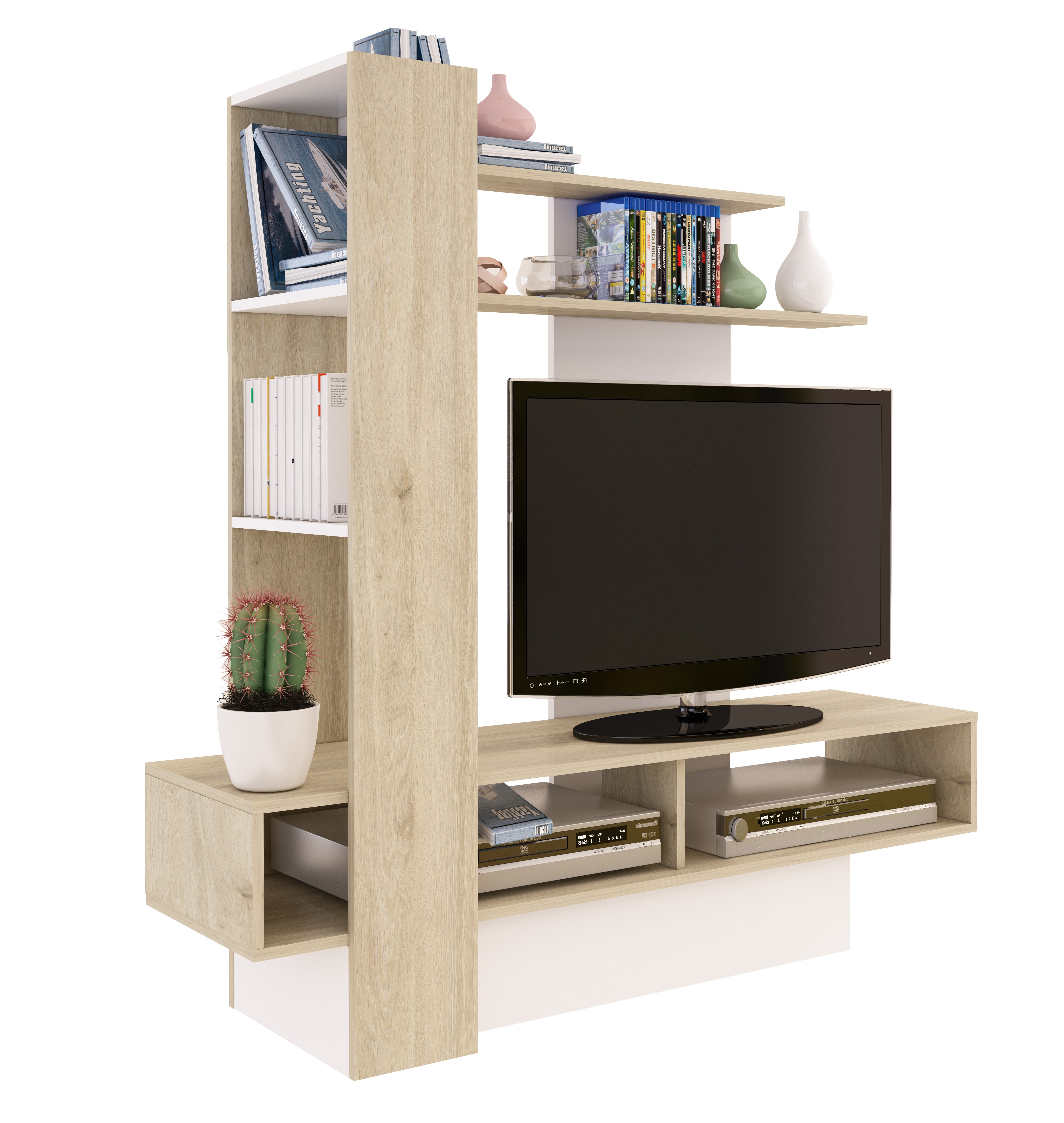 Mueble para TV Blanco y Madera con Entrepaños y Zonas de Almacenamiento Apto para TV de Hasta 46 Pulgadas