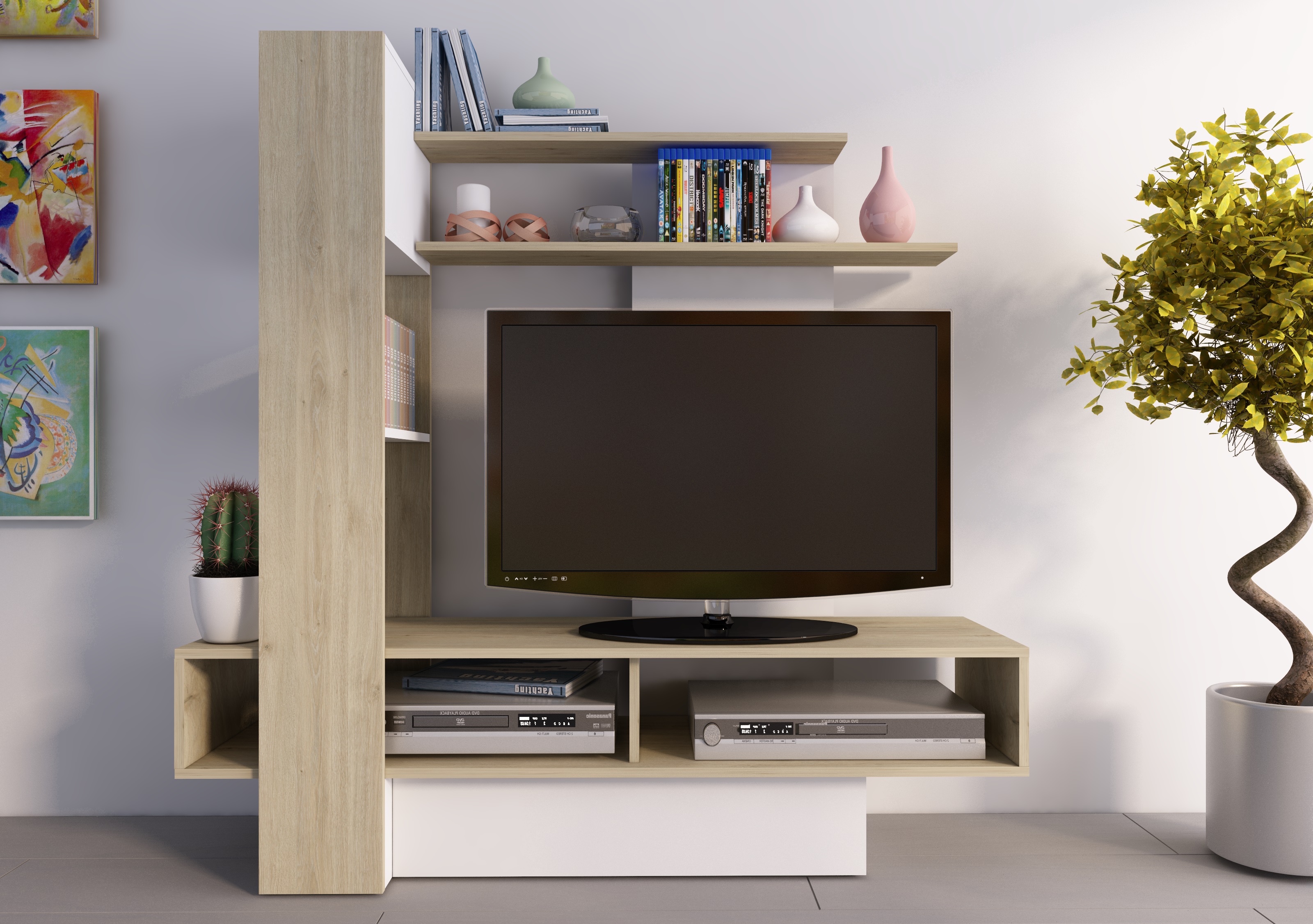 Mueble para TV Blanco y Madera con Entrepaños y Zonas de Almacenamiento Apto para TV de Hasta 46 Pulgadas