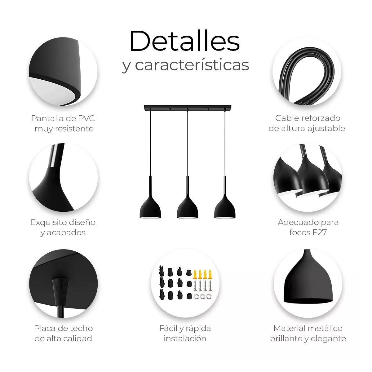 Lampara Colgante Moderna Candelabro 3 Cabezas Alt. Ajustable Negro