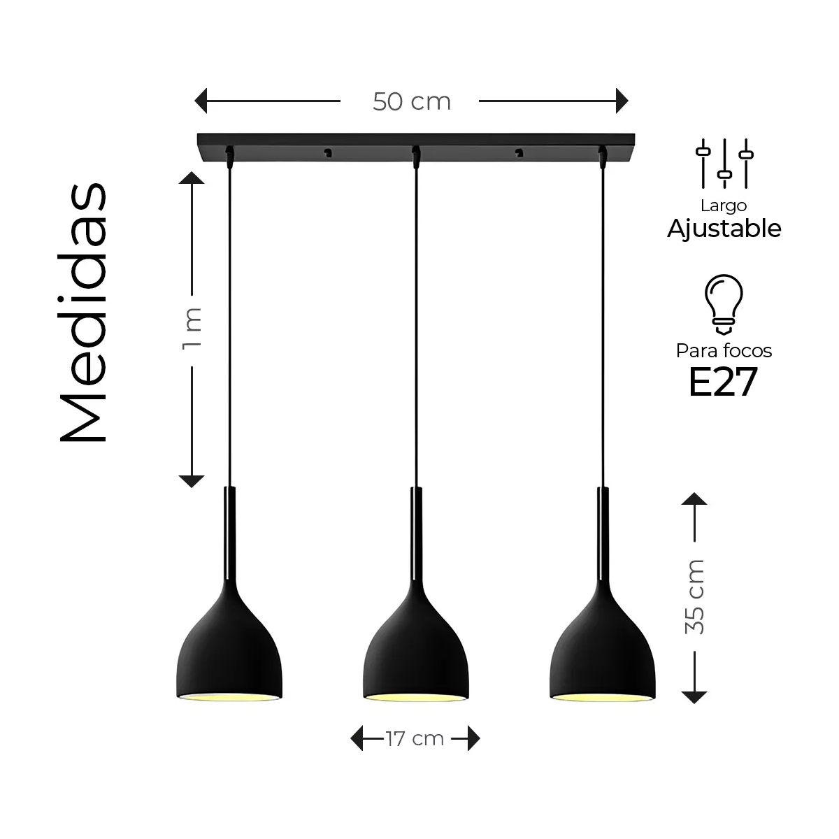 Lampara Colgante Moderna Candelabro 3 Cabezas Alt. Ajustable Negro
