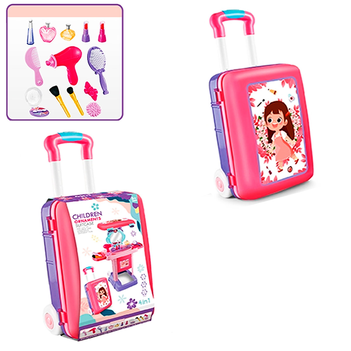 Juguete Maleta Tocador 4en1 Con 32 Piezas Rosa
