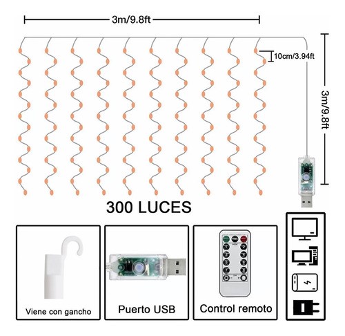 Cortinas Serie Luces 300 Led Decorativas Usb 3x3m tricolor