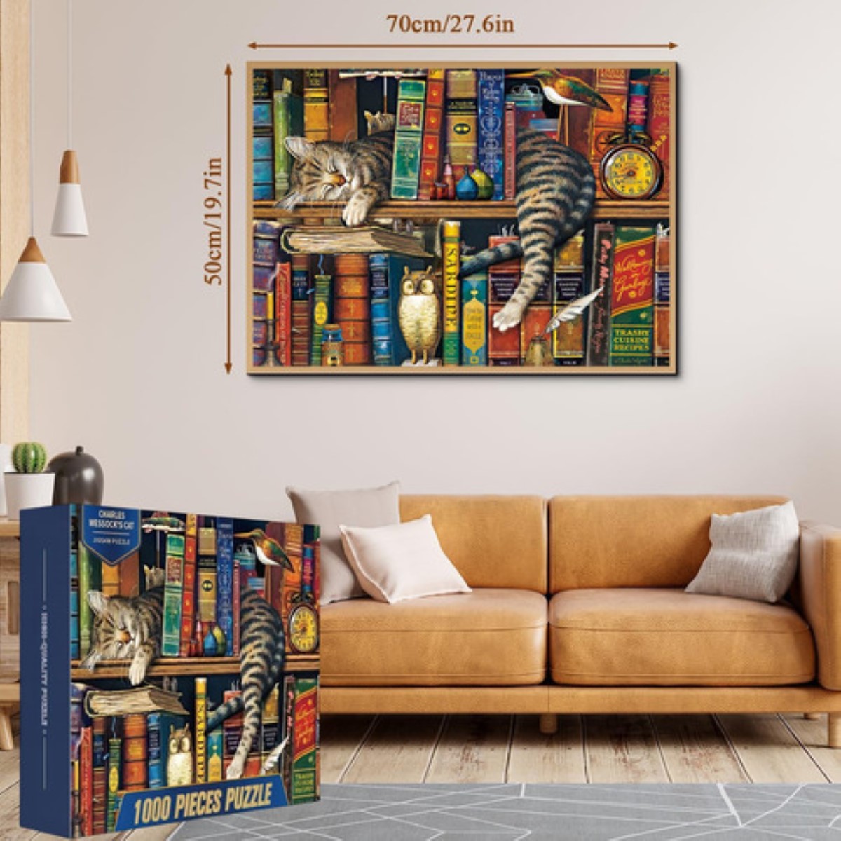 Rompecabezas 70x50cm De Gato Y Libros,puzzle Juguete 1000pcs