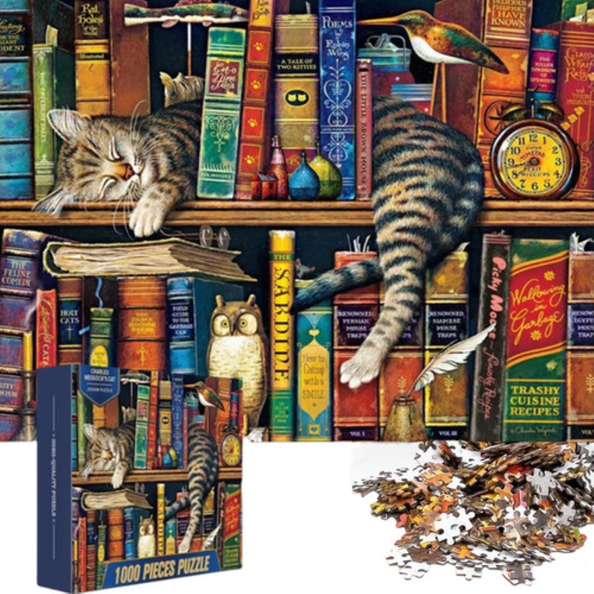 Rompecabezas 70x50cm De Gato Y Libros,puzzle Juguete 1000pcs