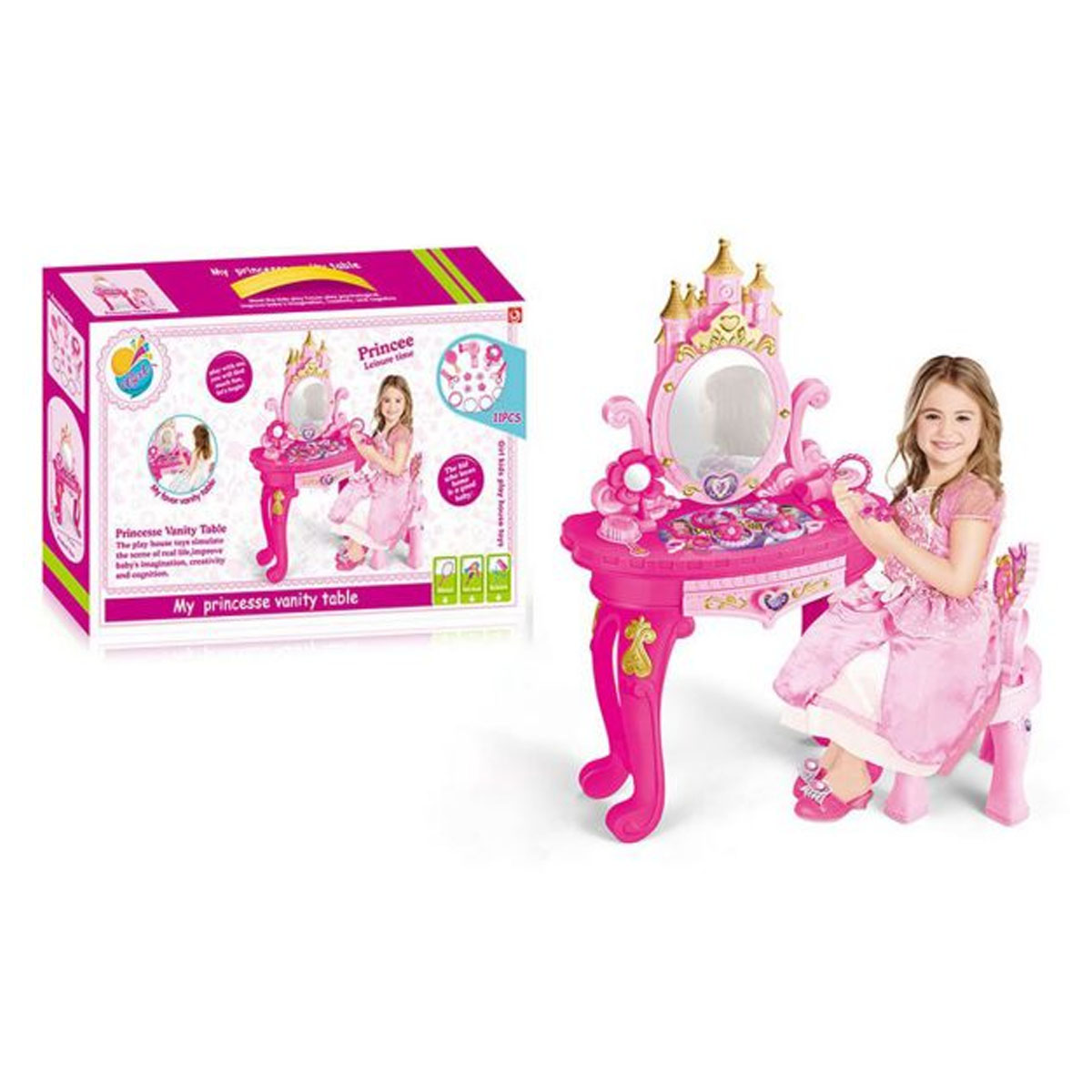  Tocador Infantil Para Niñas Con Banco 11 Piezas Rosa